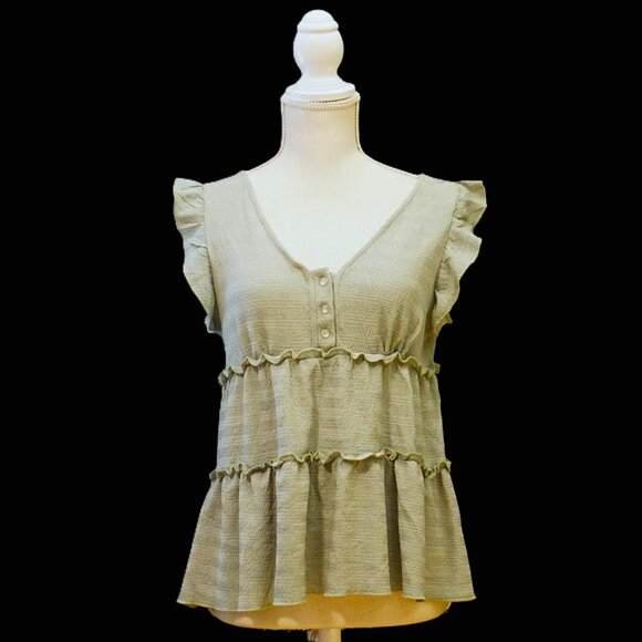 Atelier by Kirious Sage Green V Neck Tiered Babydoll Top Women’s Medium - Picture 1 of 7